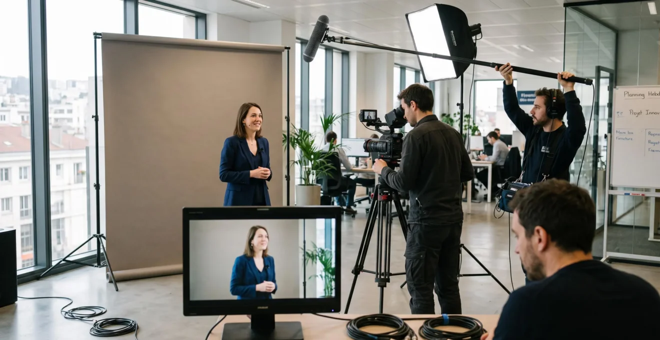 Équipe de production vidéo filmant une intervenante dans un bureau moderne, avec caméra professionnelle, perche micro et moniteur de contrôle au premier plan