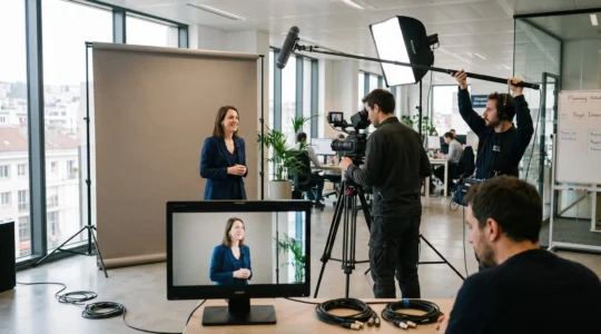Équipe de production vidéo filmant une intervenante dans un bureau moderne, avec caméra professionnelle, perche micro et moniteur de contrôle au premier plan