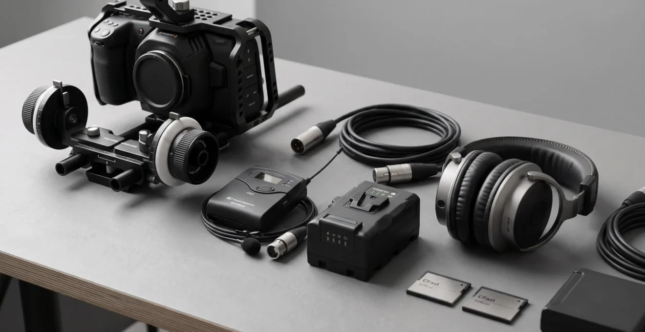 Équipement vidéo professionnel sur table de production : caméra cinéma avec cage, micro sans fil, casque monitoring et accessoires techniques