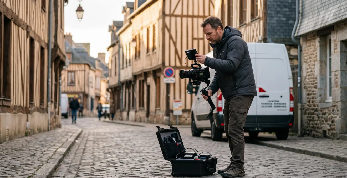 Vidéaste professionnel filmant en extérieur avec caméra stabilisée sur gimbal, architecture normande en arrière-plan et matériel de production au sol